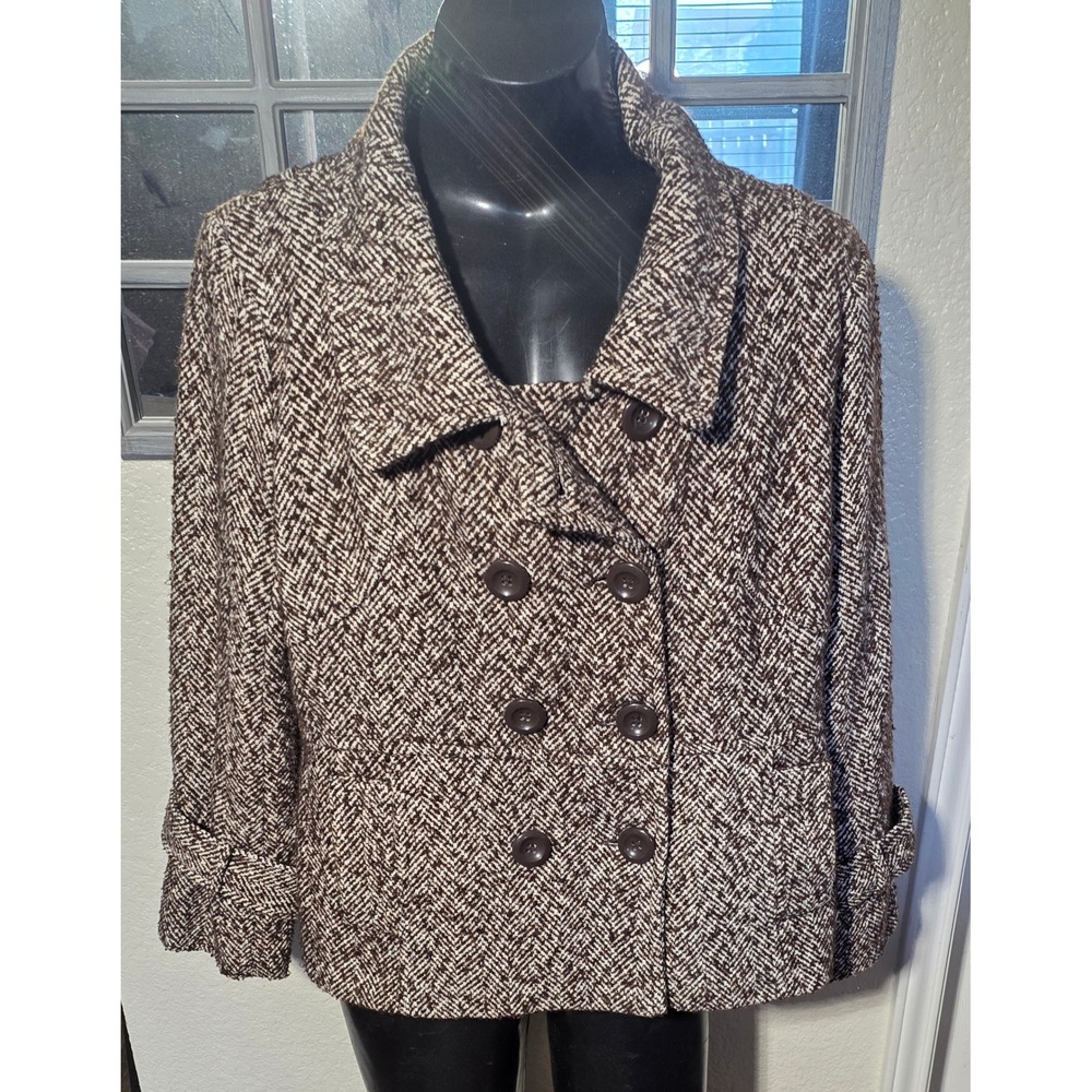 Last Kiss Womens 3X Brown Herringbone Double Breasted Pea Coat Cropped Jacket